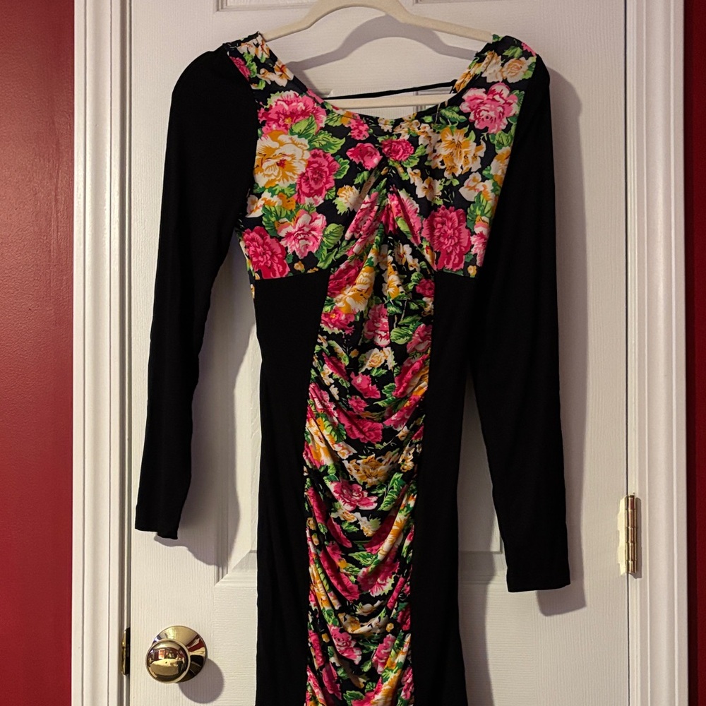 Dots Black and Pink Floral Long Sleeve Dress